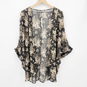 Olrain Sheer Floral Kimono Cardigan Black  Chiffon Open Front Cover Up XL Boho